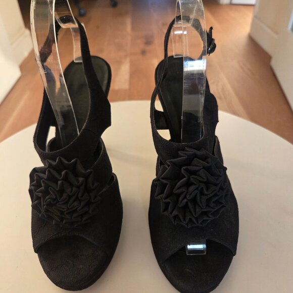 Black lace motif & rosette stiletto heels dressy leather shoes - Picture 2 of 9